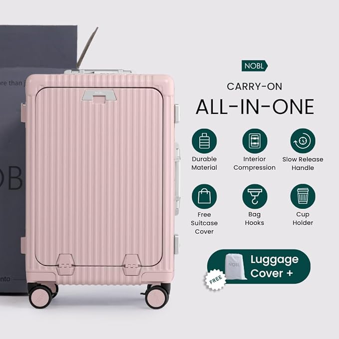 Nobl Travel Carry On Luggage, Noble Zipperless Aluminum Frame PC Hard Shell Suitcase, 20.8"x15"x8.7" Airline Approved, 360° Spinner Wheels, TSA Locks, USB Charging Port, Cup & Phone Holder - Pink