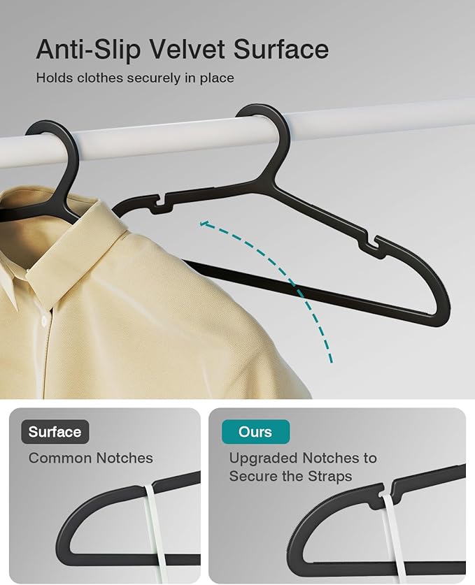30 Pack Clothes Hangers, Non Slip Plastic Coat Hangers, Space Saving Hangers, Heavy Duty, Hanging Dry Wet Clothes, 16.4" x 8.3", Black, UAPY0530B
