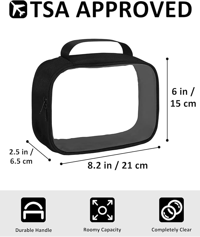 Moyad TSA Approved Clear Toiletry Bag with Handle, 1 Pack Quart Size 3-1-1 Liquids Pouch for Travel, Transparent Makeup & Cosmetic Organizer for Women Men, Black