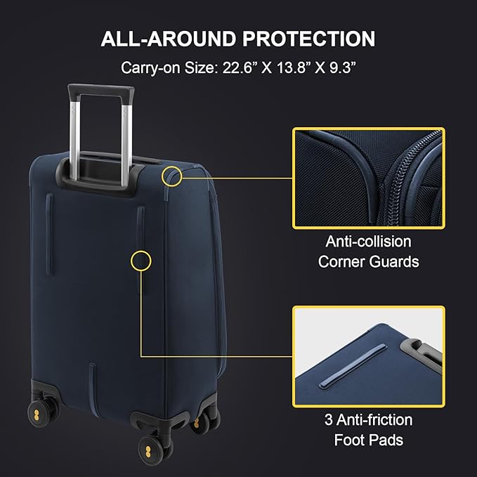 LEVEL8 Carry On Luggage Airline Approved with Compartment, Softside Expandable Rolling Suitcase with Spinner Wheels, Blue, Carry-On 20-Inch