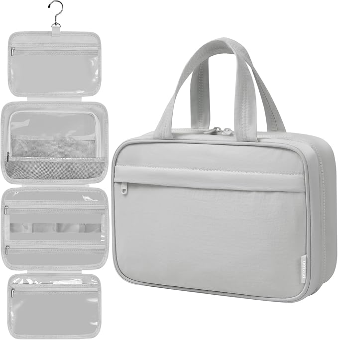 Toiletry Bag For women,Portable Hanging Organizer,4 Leakproof Compartment for full-sized Conditioner, Brushes Set, Makeup Accessories,Visible and easy to access.L-grey
