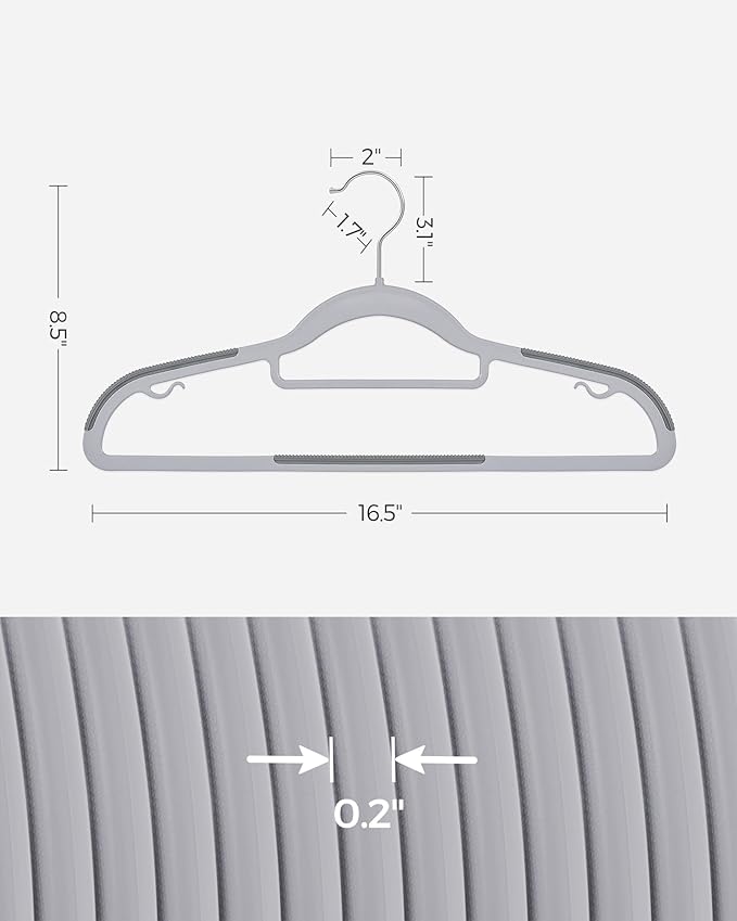 SONGMICS Pack of 30 Coat Hangers, Space-Saving Plastic Clothes Hangers, Non-Slip, 0.2 Inches Slim, 16.5 Inches Wide, 360° Swivel Silver Hook, Light and Dark Gray UCRP20G30
