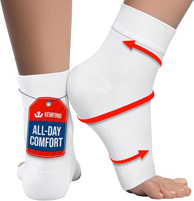 KEMFORD Ankle Compression Sleeve - Plantar Fasciitis Braces - Open Toe Compression Socks for Swelling, Sprain, Neuropathy, Foot Arch Support for Men and Women - 20-30mmhg, L, White