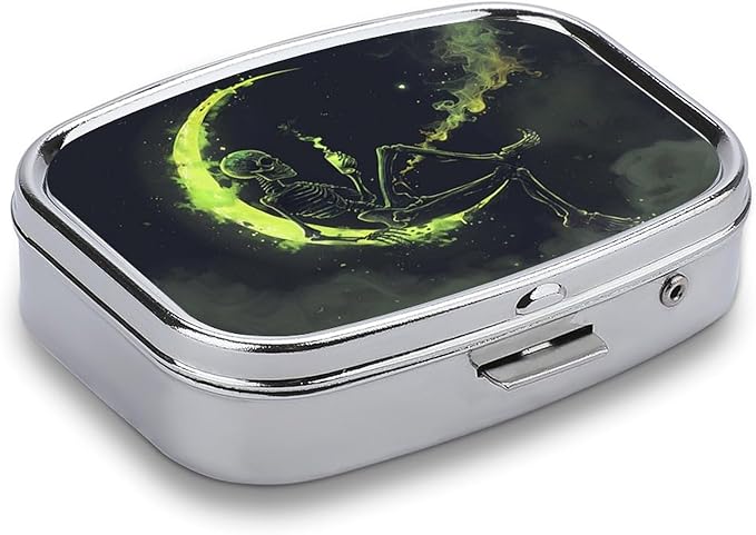 Metal 2 Compartment Pill Organizer Travel Friendly Portable Compact Pill Box Cute Pill Case to Hold Vitamins,Fish Oil,Supplements,Meds,Tablet for Purse,Pocket. (The Skeleton on The Moon)