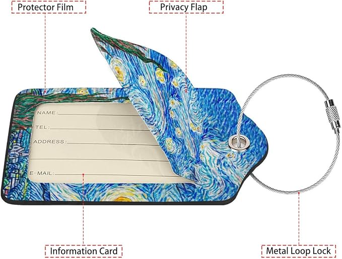 Starry Night Luggage Tag Personalized Luggage Tags for Suitcases,Leather Bag Tags for Backpacks Handbag with Name ID Label Travel Essentials Baggage Tags 2 Pack