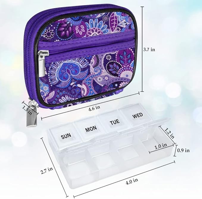 Serfeymi Weekly Travel Pill Organizer Case for Purse with Removable 7 Day Box, Fashionable Pill Container for Medicine, Vitamin, Supplement - Purple 01