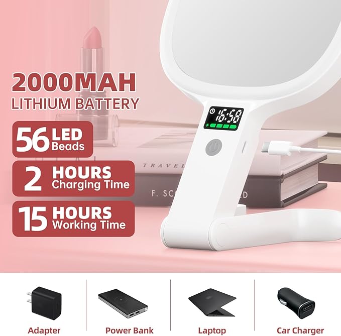 Alovely Travel Makeup Mirror with Light, Double Sided 10X Magnifying Mirror with Light, Rechargeable Portable Lighted Beauty Mirror, 3 Color Lighting Dimmable Touch Screen,Tabletop Handhold Hanging