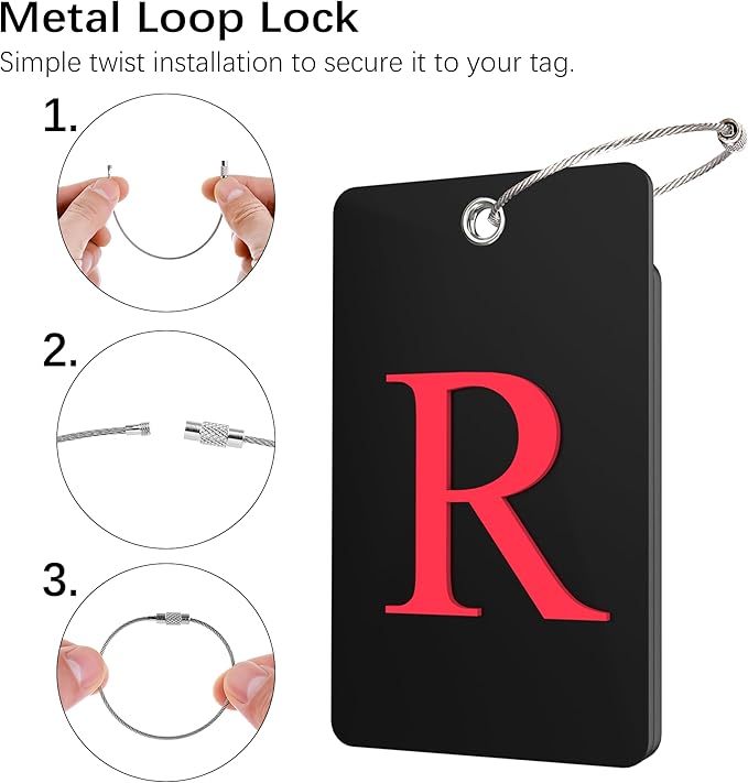 Gostwo 2 Pack Luggage Tags for Suitcases, 26 Initial Letter Travel Luggage Baggage Identification Labels ID Tag Fully Bendable Tags with Stainless Steel Loop (Black) (Letter R)