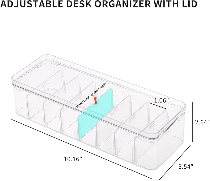 Yesesion 2pcs Clear Plastic Cable Organizer Boxes with Adjustment Compartments, Desk Accessories Storage Case with Lid and 20 Wire Ties for Drawer, Office Supply, Electronic Management