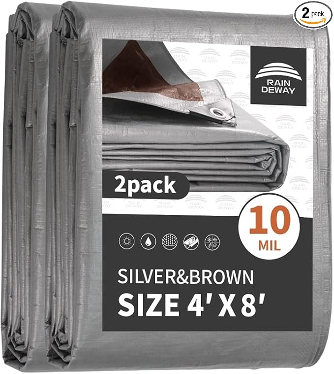 RAINDEWAY Tarps Heavy Duty Waterproof 4x8 Feet (2 Pack), 10Mil Multipurpose Small Tarp Cover with Metal Grommets and Reinforced Edges, Silver/Brown Tarp
