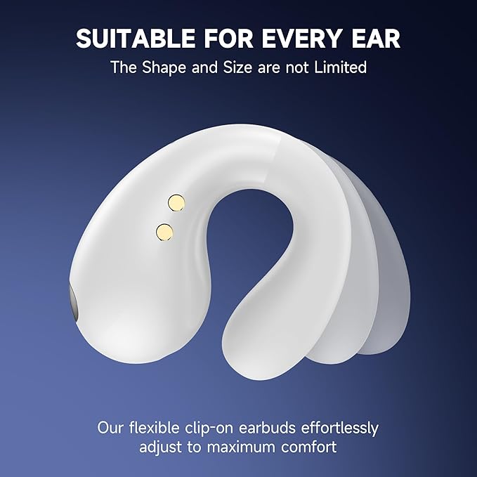 Open Ear Earbuds Wireless Bluetooth 5.3 Earphones, Flexible Clip On Ear buds with 36H Playtime LED Display Bone Conduction Headphones, Waterproof Light Weight Fit for Every Ear, Sport Elegant White
