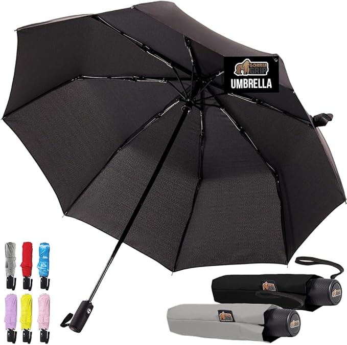 GORILLA GRIP Strong Stick Umbrella for Rain, Compact Travel One-Click Automatic Open Close, Lightweight Portable US Designed Reinforced Fiberglass Ribs, Wind Resistant Easy Collapse Black Gray 2 Pack