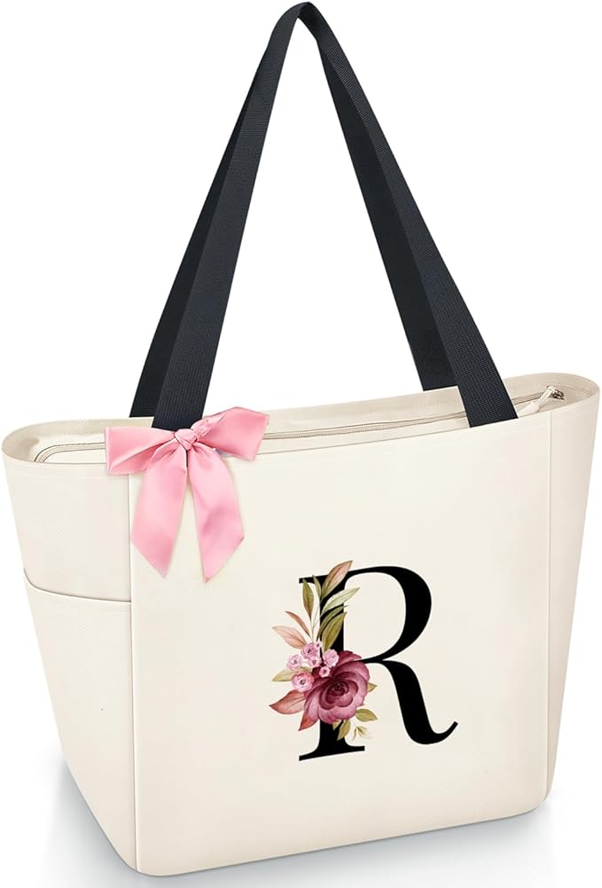 Vavabox Tote Bag, A-Z Initial Monogrammed Waterproof Tote Bag, Bridesmaid Gifts for Women, Black and Pink