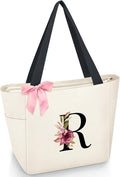 Vavabox Tote Bag, A-Z Initial Monogrammed Waterproof Tote Bag, Bridesmaid Gifts for Women, Black and Pink