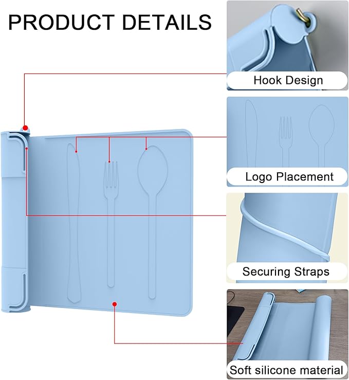 Utensil Box, Tableware Silicone Portable Box Silverware mat, Suitable for Kitchen Utensils, Portable Outdoor Camping Spoon Fork Utensils Storage mat (Blue)