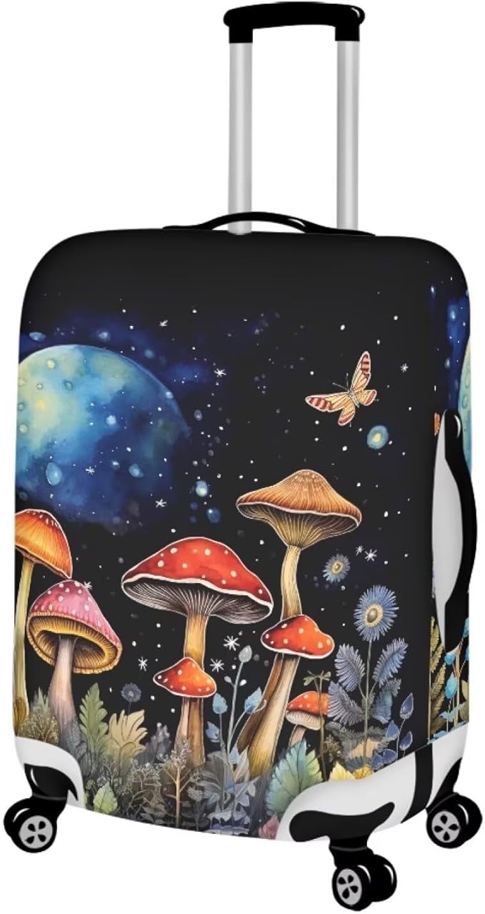 Butterfly Mushroom Print Travel Suitcase Cover Protector Elastic Zipper Closure Fit 30-32 Inch Luggage