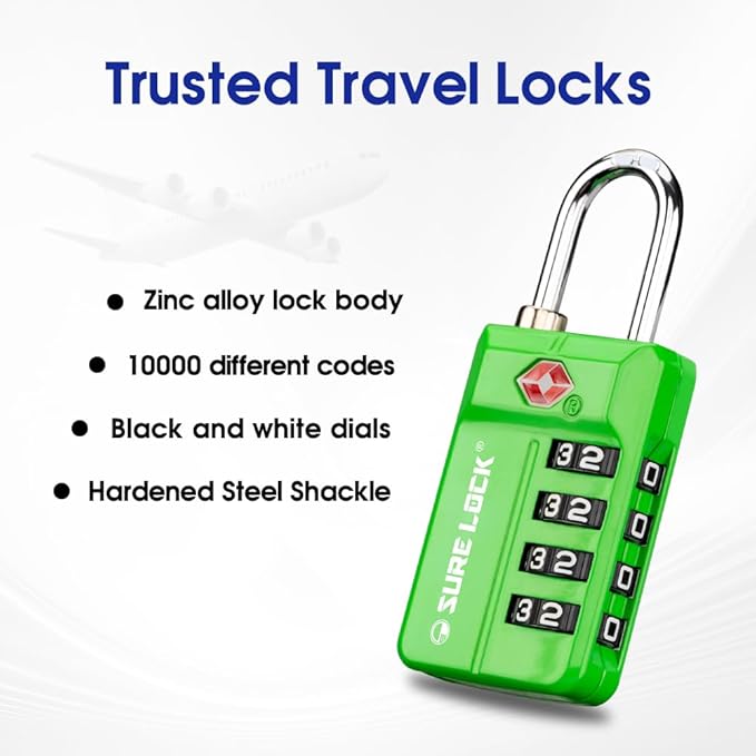 SURE LOCK TSA Approved 4-Digit Resettable Combination Luggage Locks with Open Alert, Easy-Read Dials - for Luggage, School Lockers, Gym, Office, Toolbox & Security Cases(Green 4 Pack)