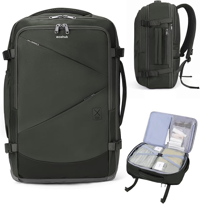 ECOHUB 30L Carry on Travel Backpack for Men Women 18x14x8, 17 inch Expandable Airlines Personal Item Bag Water Resistant Laptop Backpack Flight Approved with USB Slot & Wet Pocket, Green