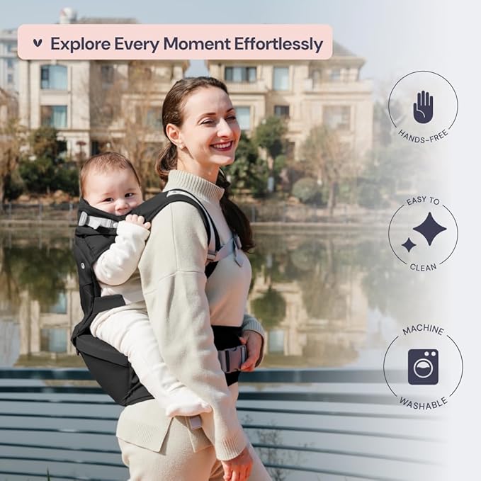 BabbleRoo Grow Carrier – 6-in-1 Baby Carrier with Hip Seat, Ergonomic, Cozy & Adjustable Toddler Carrier 7-50 lbs with Hip & Lumbar Support, Hood for Sun Protection, Newborn to Toddler, Black
