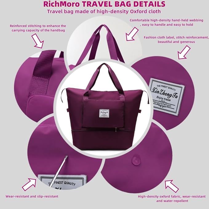 Large Capacity Foldable Travel Bag, Expandable lightweight Carry on Bag, Dry with Wet Separation Spor Duffel Bags