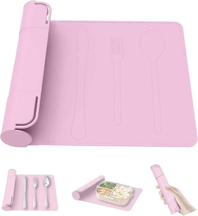 Utensil Box, Tableware Silicone Portable Box Silverware mat, Suitable for Kitchen Utensils, Portable Outdoor Camping Spoon Fork Utensils Storage mat (Pink)