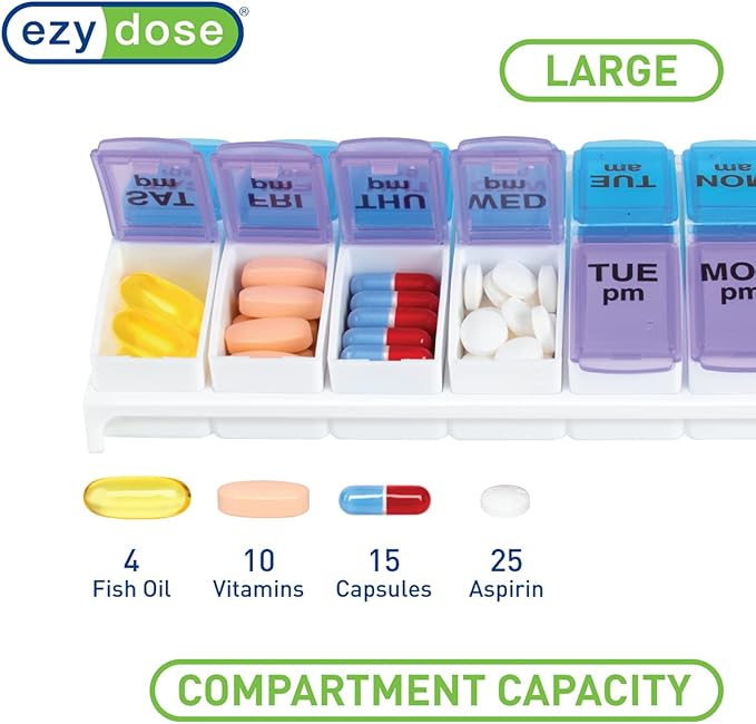 EZY DOSE Weekly (7-Day) AM/PM Pill Organizer, Vitamin and Medicine Box, Large Pop-out Compartments, 2 Times a Day, Blue and Purple Lids