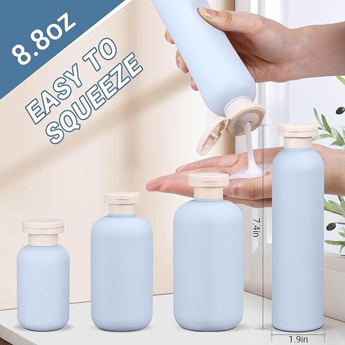 ASEVAT 8.8oz 4pack Refillable Travel Shampoo and Conditioner Bottles, Travel Size containers, Travel Bottle for toiletries, Squeeze Bottles with Flip Cap, Empty Plastic Leak Proof Travel Bottles