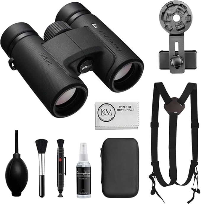 Nikon PROSTAFF P7 8x30 Binoculars Bundled with Harness Strap + Deluxe Cleaning Kit + Smartphone to Binocular Adapter + Microfiber Cleaning Cloth (5 Items)