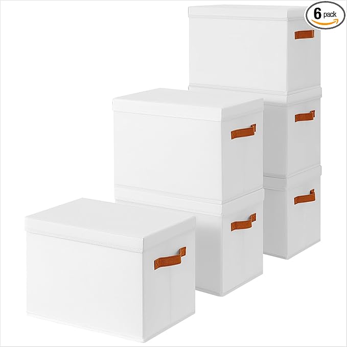 Storage Bins with Lids - Fabric Storage Baskets for Shelves, 6 Pack Foldable Decorative Boxes with Handles, Stackable Organizer Bins for Home, Nursery, Dorm, White