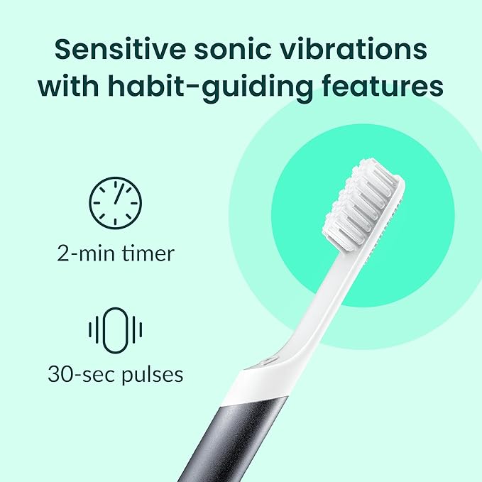 Quip Sonic Toothbrush for Adults with Timer - Includes Extra Brush Head and Travel Cover Mount - Electric, Soft Bristle Refill Head, Metal Handle, 3 Month Battery Life - Travel Toothbrush - Slate