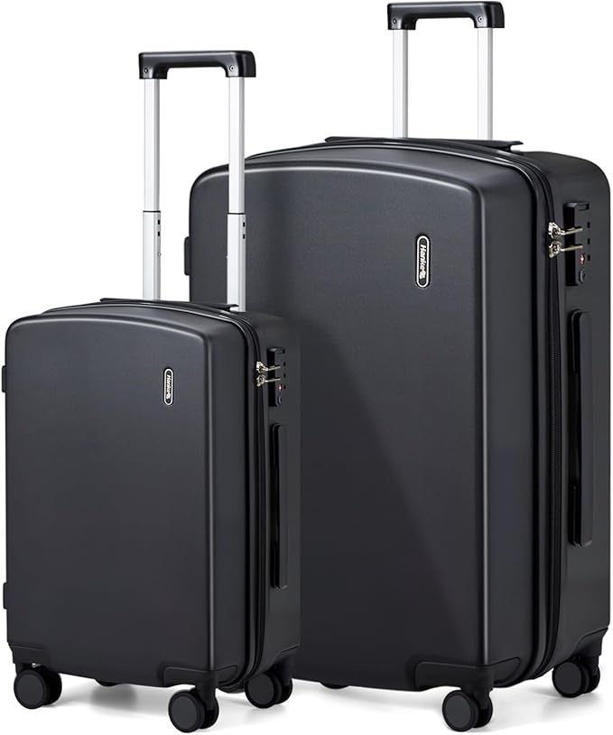Hanke Hard Shell Luggage Sets 2 Pieces, Carry On and Checked Luggage Sets with Spinner Wheels, Durable PC Hardside Rolling Suitcase for Travel (20/28 Inch, Jet Black)