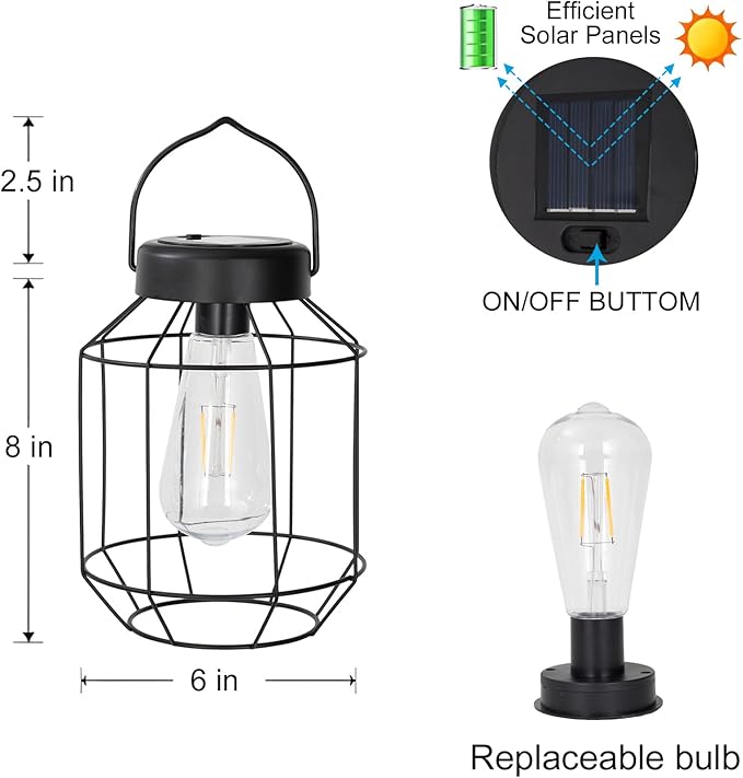 Solar Lights Outdoor Waterproof,Solar Lantern 2 Pack,Metal Hanging Outdoor Lanterns,Handle with Edison Bulb Solar Powered Lights for Yard Garden Patio Porch Pathway Decor