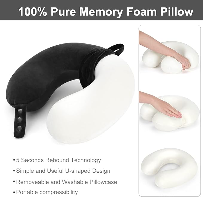 Travel Pillow, Best Memory Foam Neck Pillow Head Support Soft Pillow for Sleeping Rest, Airplane Car & Home Use (Black5)