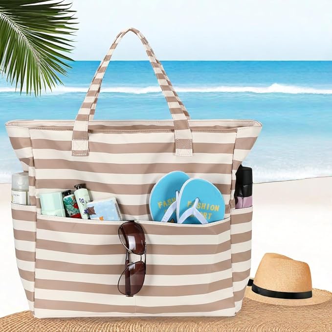 LEDAOU Large Beach Tote Bag Women Waterproof Sandproof Zipper Beach Tote Bag for Pool Gym Grocery Travel with Wet Pocket