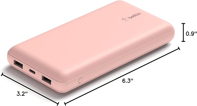 Belkin Portable Charger, USB C Power Bank 20000 mAh w/ 1xUSB-C Port & 2xUSB-A Ports, 15W w/ Type-A to Type-C Cable for iPhone 16, Plus, Pro, Max, Samsung Galaxy S25, Google Pixel 10, etc. - Rose Gold