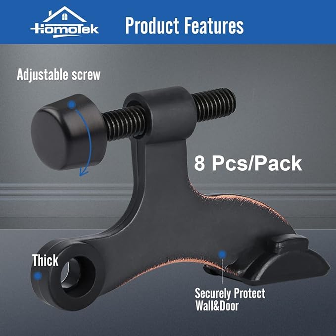 HOMOTEK 4 Pack Hinge Pin Oil Rubbed Bronze Door Stopper,Adjustable Deluxe Heavy Duty Door Stopper 2-1/2"x1-3/4”,with Black Rubber Bumper Tips