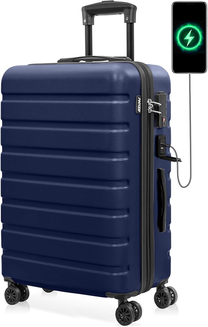 AnyZip Suitcase Hardside PC ABS Lightweight USB Luggage with Wheels TSA Lock Checked-Medium 24 Inch DarkBlue