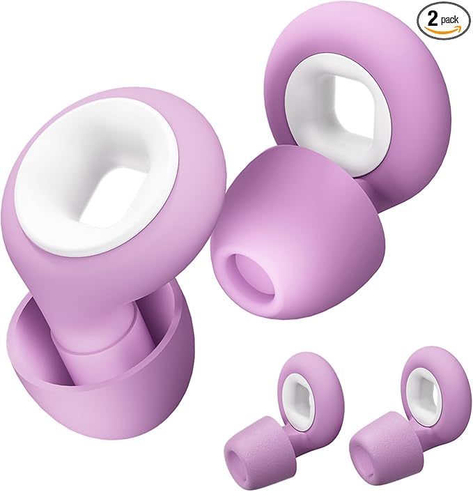 Concert Ear Plugs, 2 Pair BNU High Fidelity Noise Cancelling Earplugs Hearing Protection for Musicians,Festivals,Raves Sleep, 25-33db Noise Reduction 6 Pair Reusable Foam＆Silicon Tips in S/M/L Purple