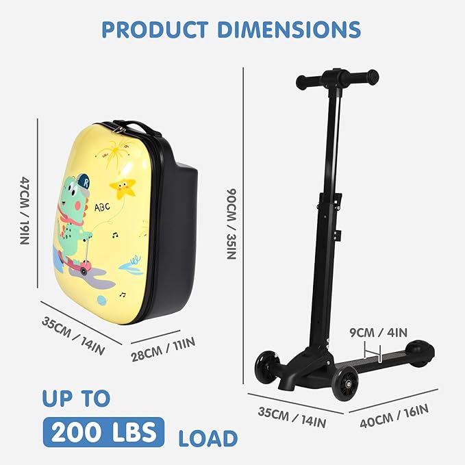 smilesun 4-in-1 Detachable Scooter Luggage for Kids & Teens – Hardside Ride-On Suitcase with Led Light Up Wheels, Dinosaur Design, Lightweight Foldable, Perfect Travel Gift for Boys(Yellow 22-inch)