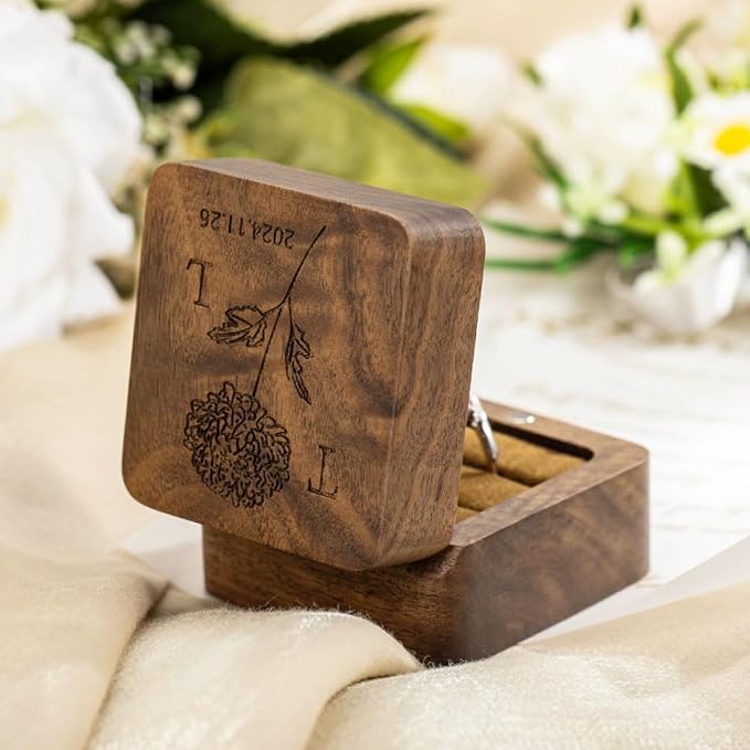 Custom Engraving Ring Gift Box Wooden Presentation Jewelry Box Case with 3 Ring Slots for Proposal Engagement Wedding Ceremony Birthday Gift