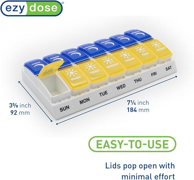 EZY DOSE Weekly (7-Day) AM/PM Pill Organizer, Daily Vitamin Container and Medicine Box, Large Pop-Out Compartments, Designed for Travel, 2 Times a Day, Blue and Yellow Lids