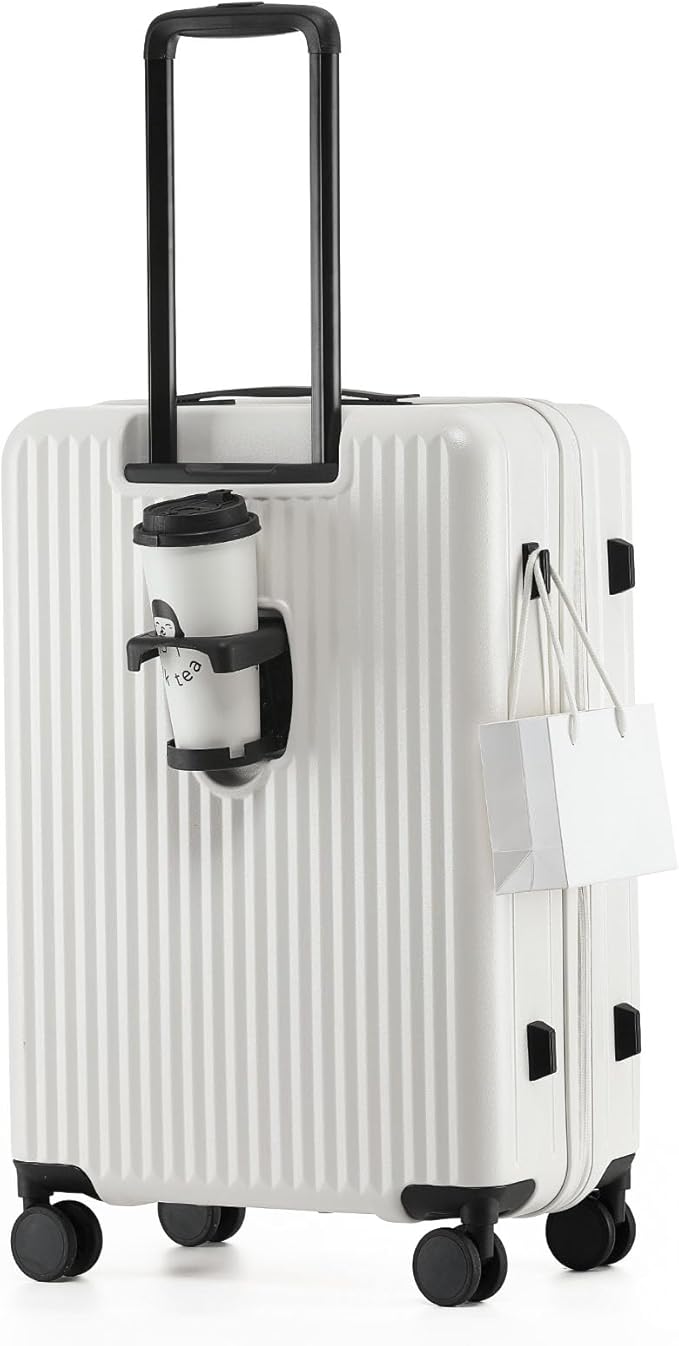 24 Inch Top Opening Checked Travel Luggage Expandable with Spinner Wheels,All PC Hard Shell Hardside Lightweight Medium Suitcase with TSA Approved Cup Holder for Business Trips Woman Men,White