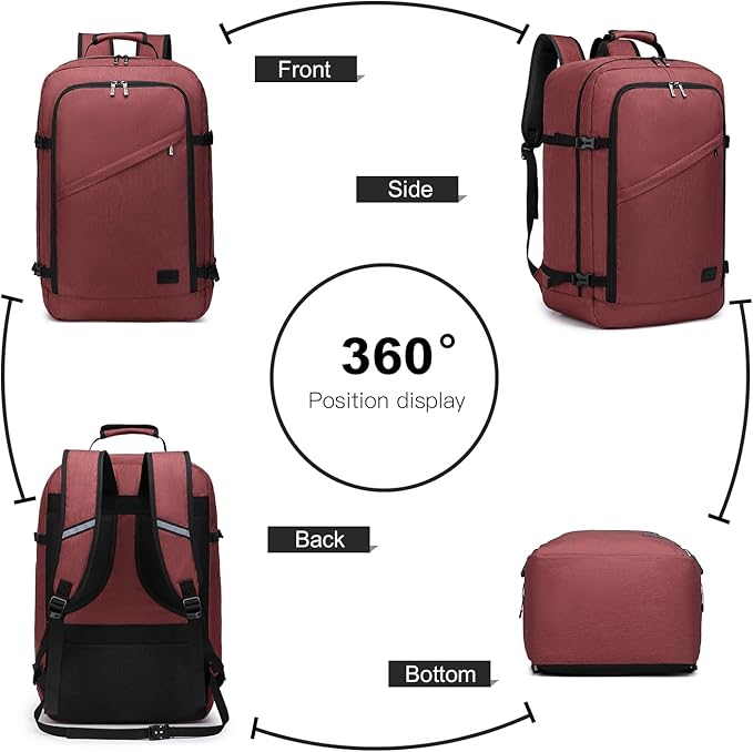 Kono Carry on Backpack, 22" Airplane Approved Travel Backpack for Men and Women, Waterproof Lightweight Daypack for Flight 40L (Burgundy Red, Large)