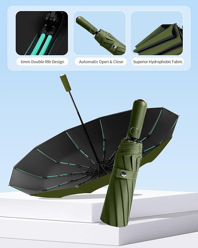 Large Double-Ribs Umbrella Automatic Folding Umbrella for Women Men, Travel, UPF 50+ UV Protection
