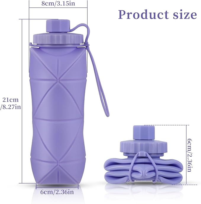 YCT Collapsible Silicone Travel Water Bottle 20oz (600ml), Reuseable Leakproof BPA Free Foldable Sports Bottle, with Carrying Strap, Light Gray + Purple
