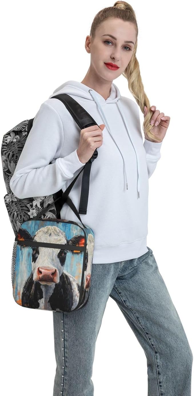 Cow Lunch Box for Kids Aldults, Realistic Animal Reusable Thermal Insulation Cooler Tote Bags, Black White Calf Pattern Insulated Bag for Student, School Picnic Camping Travel, Gifts