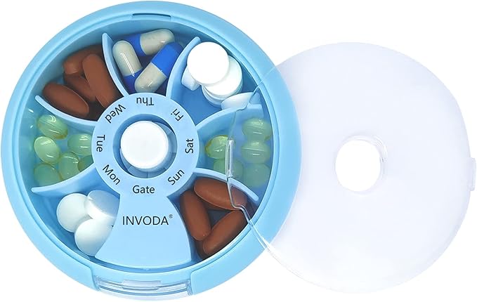 INVODA Weekly Pill Organizer 7 Compartment Rotating Pill Box for Daily Medication & Vitamins - Portable Travel Pill Case Fish Oil Supplements Vitamins Organizer (Green+Blue)