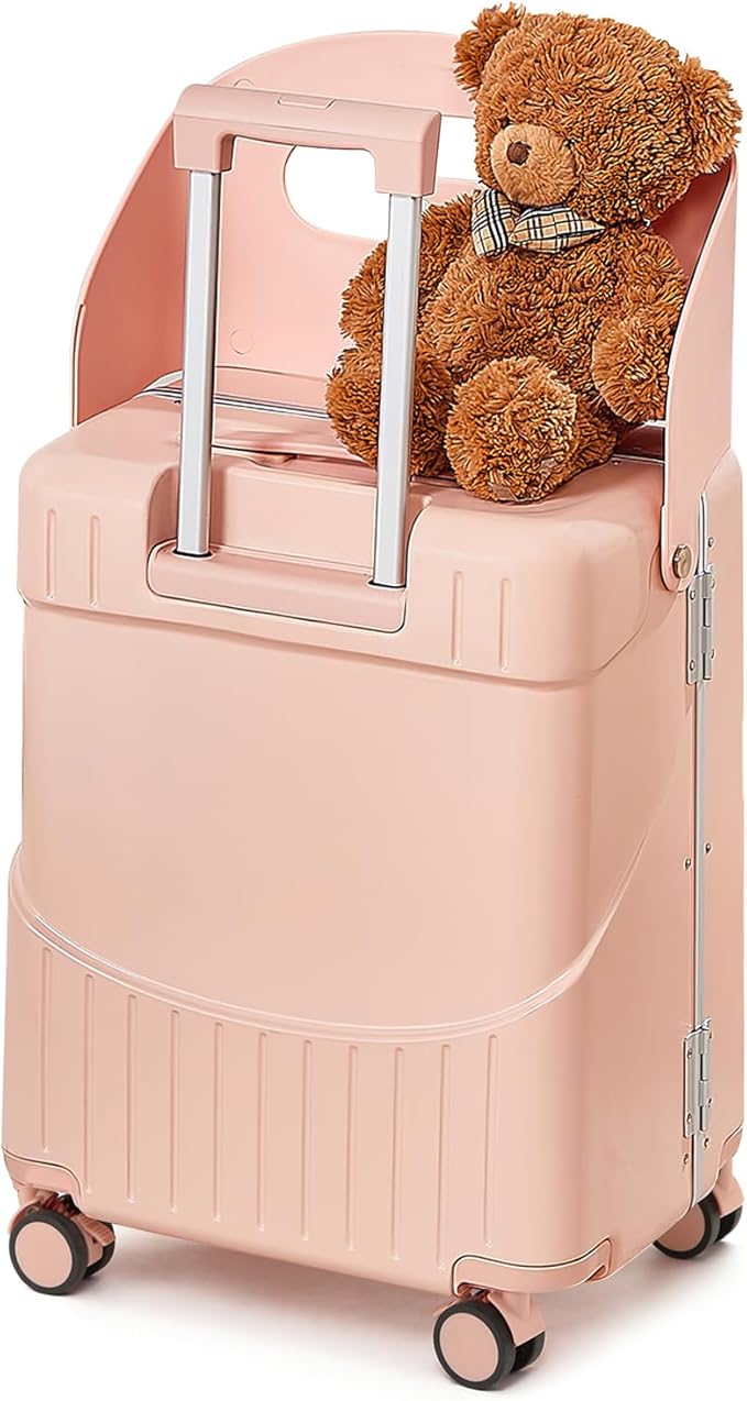 20 Inch Carry On TSA Lock Luggage for Kids& Adult,Lockable Spinner Wheels Free Luggage Cover and Safety Seatbelt Travel Suitcase (Carry-On TSA Luggage with Child Seat Pink)