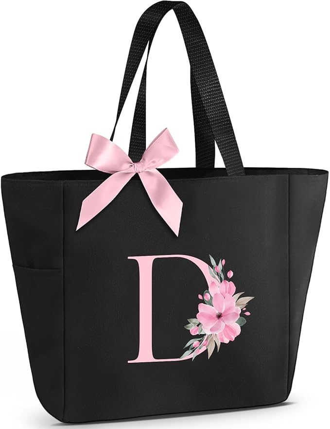 Vavabox Tote Bag, A-Z Initial Monogrammed Waterproof Tote Bag, Bridesmaid Gifts for Women, Black and Pink