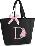 Vavabox Tote Bag, A-Z Initial Monogrammed Waterproof Tote Bag, Bridesmaid Gifts for Women, Black and Pink